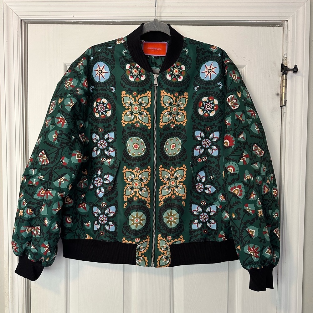LA DoubleJ Green Floral Mosaic Bomber Jacket with Black Trim